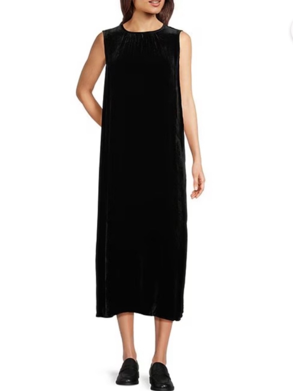 EILEEN FISHER Black Velvet Crewneck Sleeveless MIDI Dress Size Large, NWT
